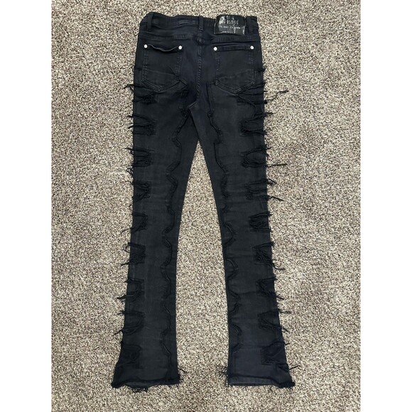 Guapi Mens Black Obsidian Blood Diamond Stacked Denim Fringe Pants Size 32x34 - Picture 7 of 11